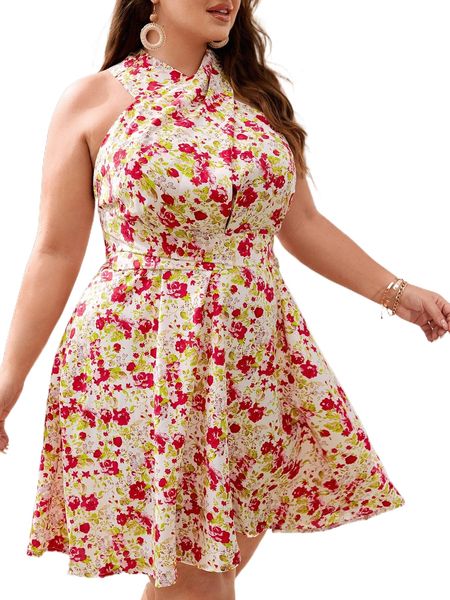 

plus floral criss cross backless halter dress c9q7#, Black