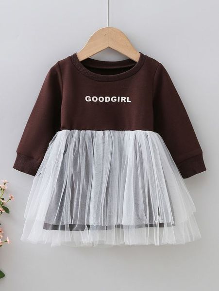 

baby letter graphic mesh hem sweatshirt dress she, Black