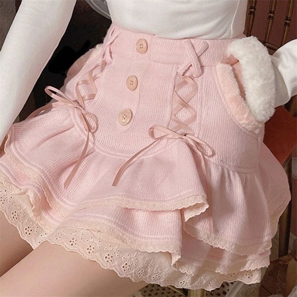 Houzhou Kawaii Lolita мини юбка осень зима Fairycore японская сладостная высокая талия бандаж кружева розовый рюшарный слой юбка 220322