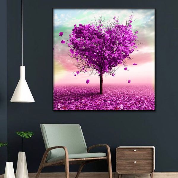 Abstrakte Liebe, großer lila Baum und Blätter, Leinwand-Poster, Wand-Kunstdruck, moderne Malerei, nordisches Kinderzimmer, Dekoration, Bild