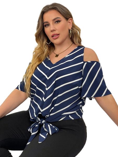 

plus striped cold shoulder knot front blouse u9ac#, Black