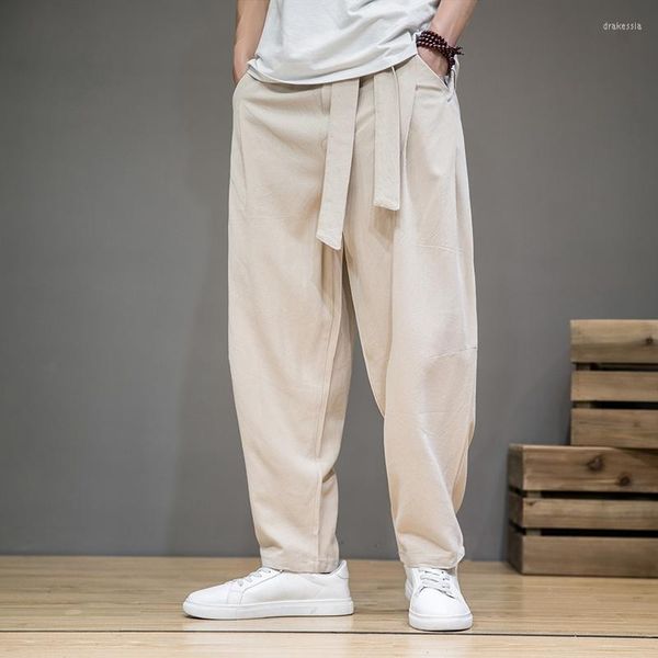 Calça masculina de linho de algodão da primavera Homens elásticos harém casual calça calça solar solar calças chinesas tradicionais pantalons hommemen's drak2