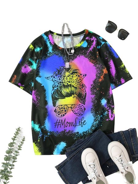 

plus 1pc letter & figure graphic tee z6ux#, Black