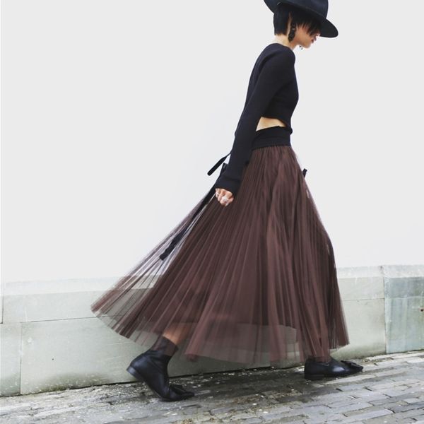 

lanmrem summer fashion women mesh stocks high waist elastic aline long halfbody skirt female bottom wg85716 y200326, Black