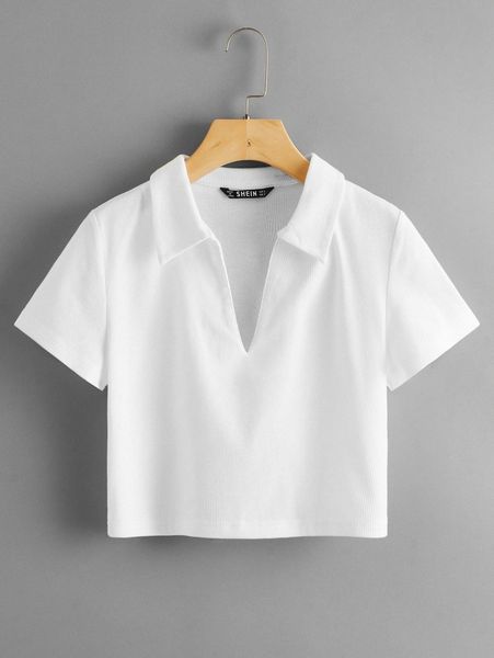 

collared v-neck rib-knit tee w2rr#, White