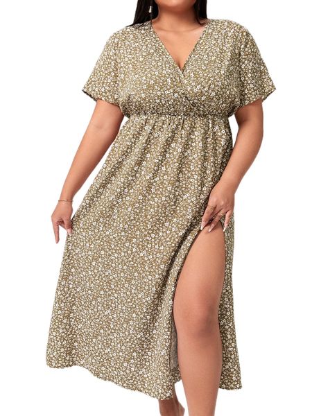 

plus ditsy floral print split thigh dress b8ye#, Black