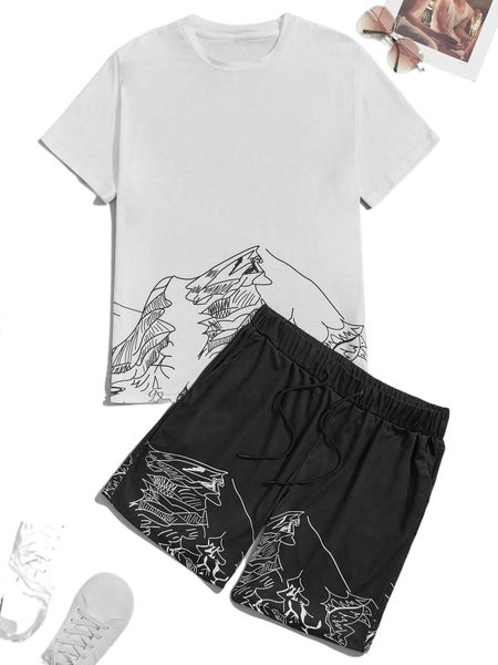 

men graphic print tee & drawstring waist shorts d5sp#, Gray