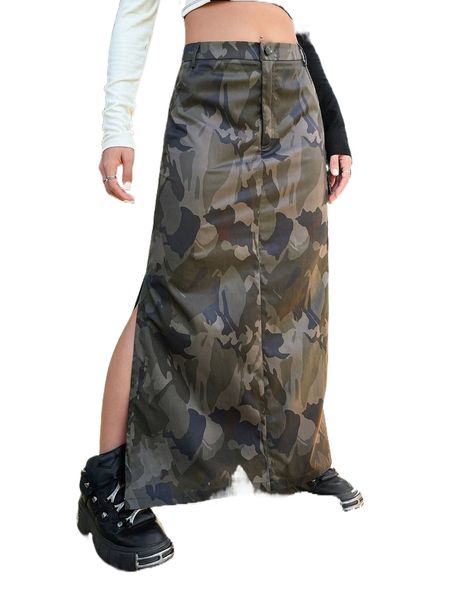 

grunge camo print split hem skirt j9pj#, Black