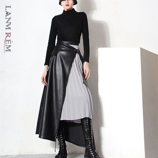 

lanmrem mesh patchwork skirt for women plus size highend casual irregular leather skirts lady female spring new 2a6012 210325, Black