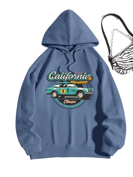 

car & letter graphic drawstring thermal lined hoodie 56nq#, Black