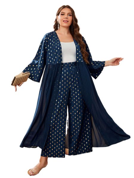 

plus star print flounce sleeve coat & wide leg pants b4rc#, Black