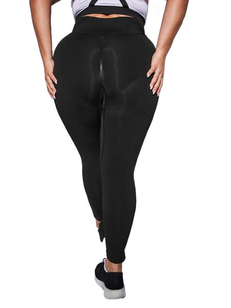 

plus solid wide waistband sports leggings v2rc#, Black