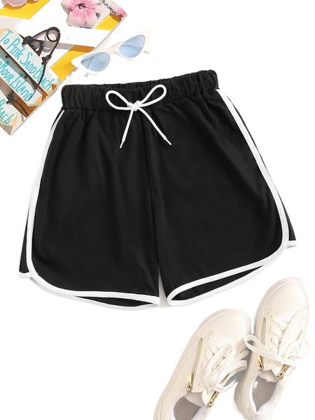 

contrast binding drawstring waist dolphin shorts c1sl#, White;black