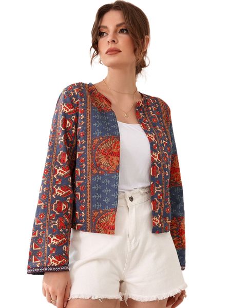 

geo print open front jacket n6hm#, Black;brown