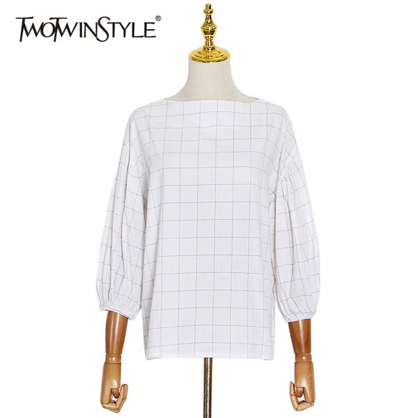 

plaid loose shirt for women o neck puff sleeve elegant casual blouse female spring fashion clothing 210423, White