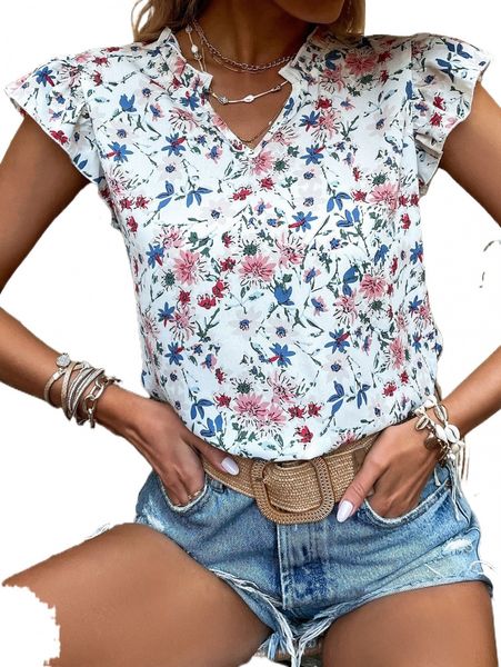 

floral print frill notched neck ruffle trim blouse l6c0#, White