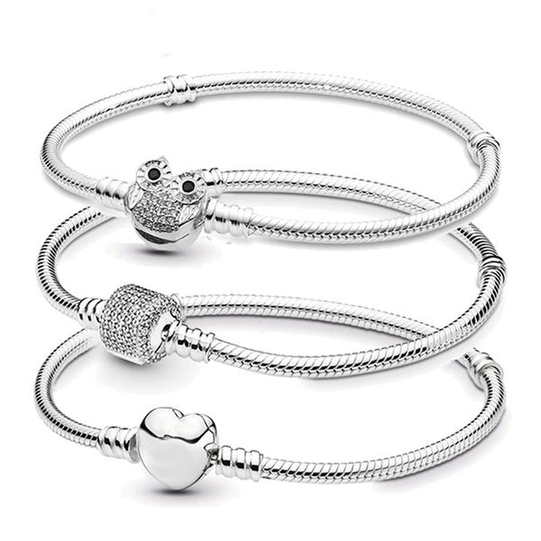 16–21 cm große europäische Charms, Schlangenkette, Eulen-Herz, Silber-Charm-Armband, passend für Pandora-Armbänder aus Roségold, im Großhandel, passend für europäische Perlen-Charms