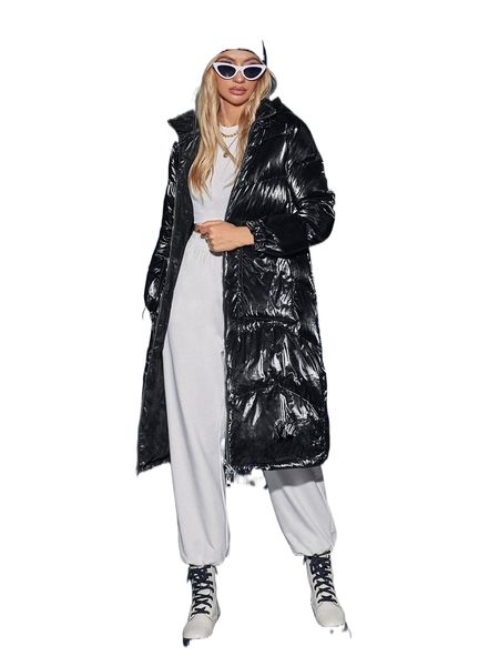 

solid zip up hooded down coat w8au#, Black