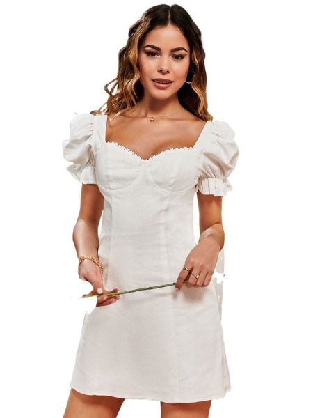 

sweetheart neckline puff sleeve dress 65ks#, Black;gray
