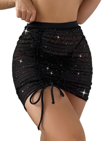 

sequin decor drawstring cover up skirt z1td#, White;black