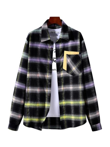 

men 1pc plaid print pocket patched shirt 62pq#, White;black