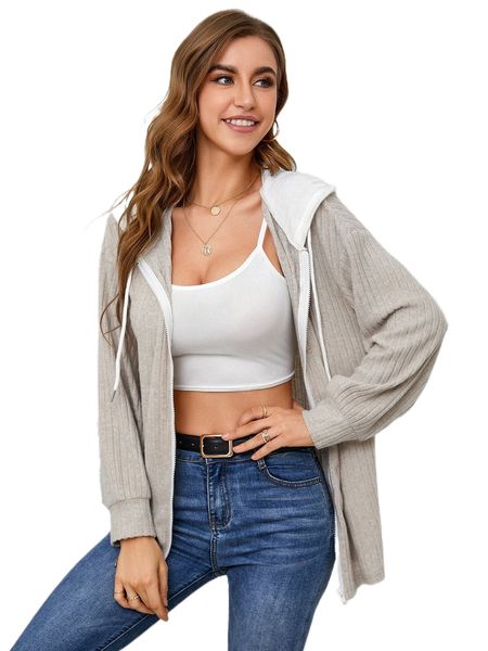 

zip up drop shoulder drawstring hooded coat o0oy#, Black