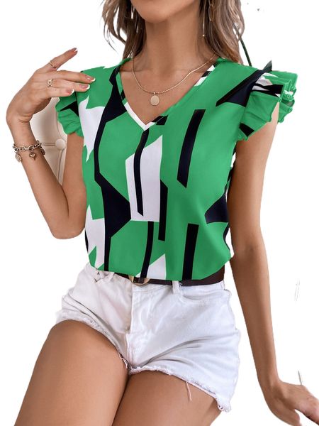 

geo print flutter sleeve blouse u8p6#, White