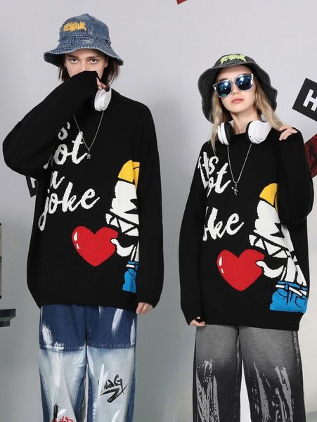 

1pc slogan & cartoon pattern drop shoulder sweater 07wq#, White;black