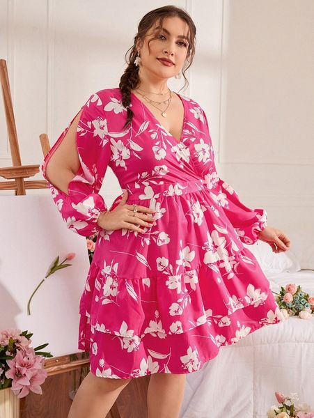 

plus floral print slit lantern sleeve overlap collar ruffle hem dress f57l#, Black