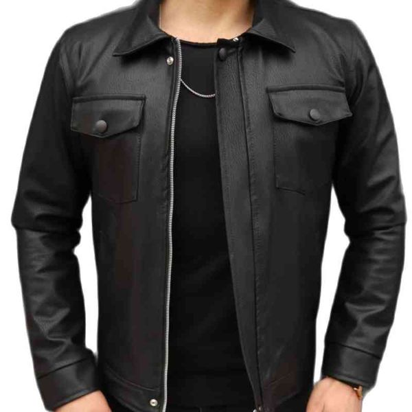 

male black all seasons zipper karbon leather jacket, Black;brown