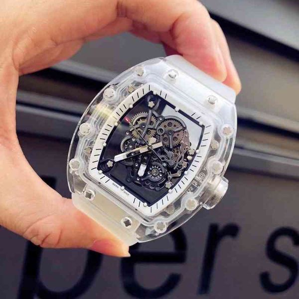 

luxury mens mechanics watches richa milles wristwatch trend transparent 055 fully automatic mechanical white tape r watch male, Slivery;golden
