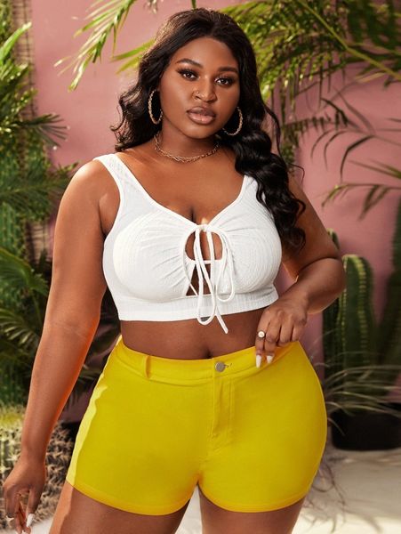 

sxy plus cut out drawstring front crop tank c5vi#, Black