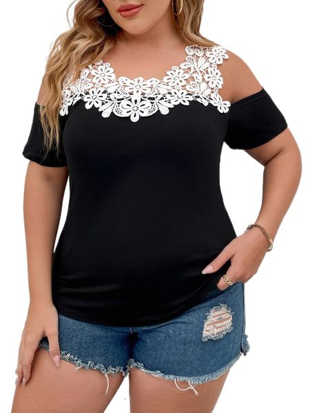 

plus contrast guipure lace cold shoulder tee x6xk#, Black