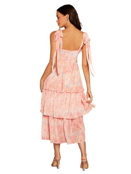 

tie dye knot shoulder layered ruffle hem chiffon slip dress z51c#, Black;gray