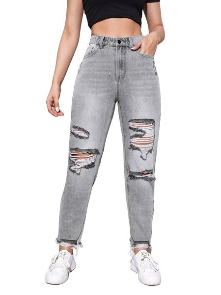 

zipper fly ripped raw hem jeans d9h1#, Blue