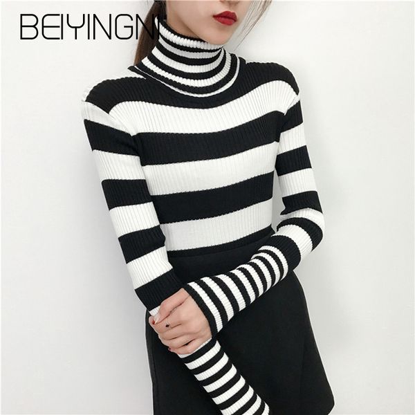 

white black striped sweaters for women harajuku vintage friends knit turtleneck pullover female autumn high street 210427