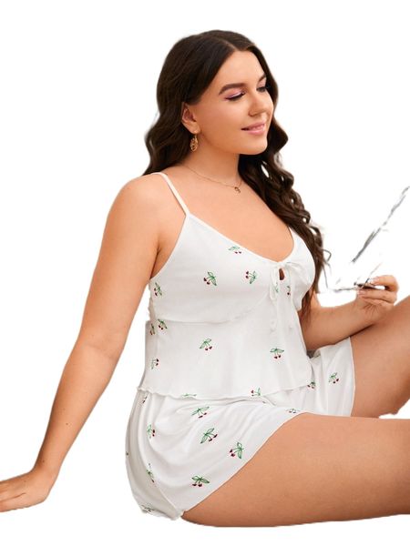 

plus plants print knot front cami pj set 06bv#, Black;white