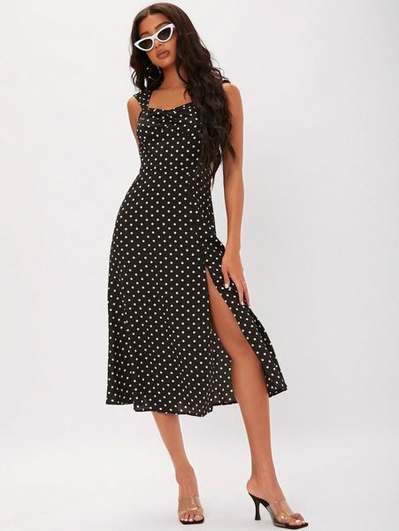 

tall polka dot split thigh dress c5w5#, Black;gray