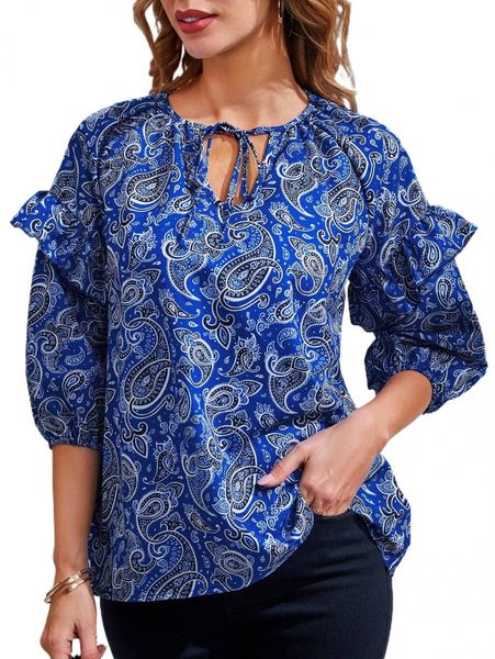 

emery rose paisley print tie neck ruffle trim lantern sleeve blouse d9pq#, White