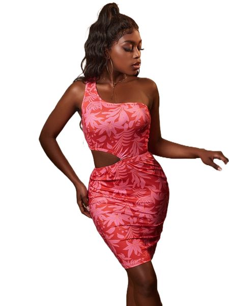 

sxy one shoulder floral print cut out bodycon dress p0lt#, Black;gray