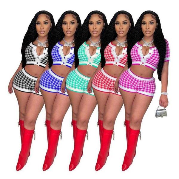 

women plaid print short sets short sleeve tracksuits for summer sweat outfits crop cardigans mini shorts girls vacation party wear, Gray