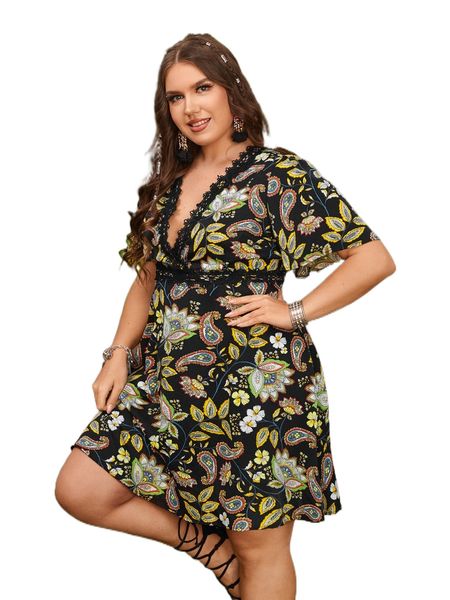 

plus paisley print lace trim dress q4x4#, Black