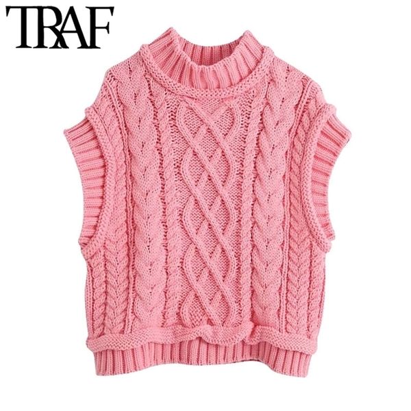 

traf women sweet fashion cable knitted cropped vest sweater vintage high neck sleeveless female waistcoat chic y201128, Black;white