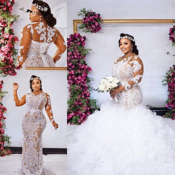 

plus size arabic mermaid wedding dresses with detachable train long sleeves lace-up corset beaded african bridal gowns sweep train robe de, White