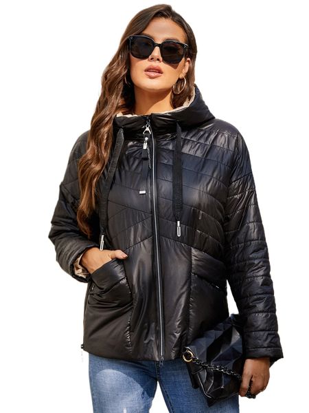 

hailuozi drawstring zip up dual pocket hooded winter coat d64y#, Black