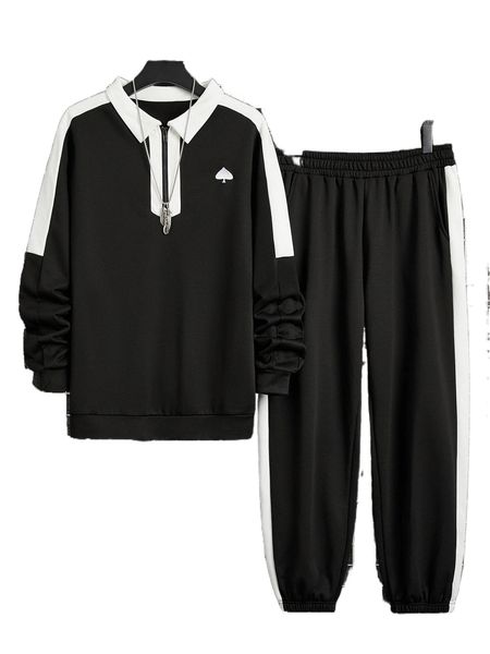 

men heart print contrast side seam quarter zip pullover & sweatpants w4pm#, Gray