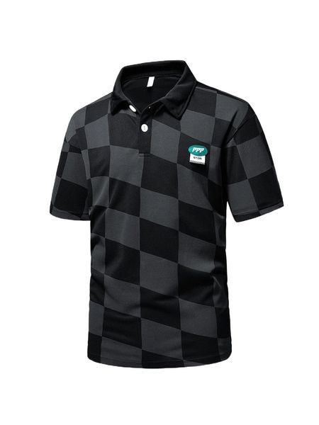 

men checkered print letter patch detail drop shoulder polo shirt 5341#, White;black