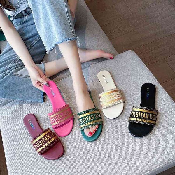 

summer new red letter embroidery woven canvas fashionable flat bottom sandals for women 2022 brand luxury fashion design ladies slippers, Black