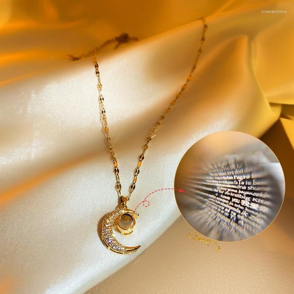 Halsketten mit Anhänger geben Ihrer Geliebten ihre 100 Sprachen „Ich liebe dich“-Projektions-Halskette, Stern-Mond-Vollzirkon, leichte Luxus-Schlüsselbeinkette, Junge