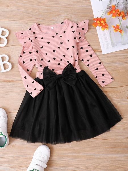 

toddler girls heart print tee & mesh skirt she02, White